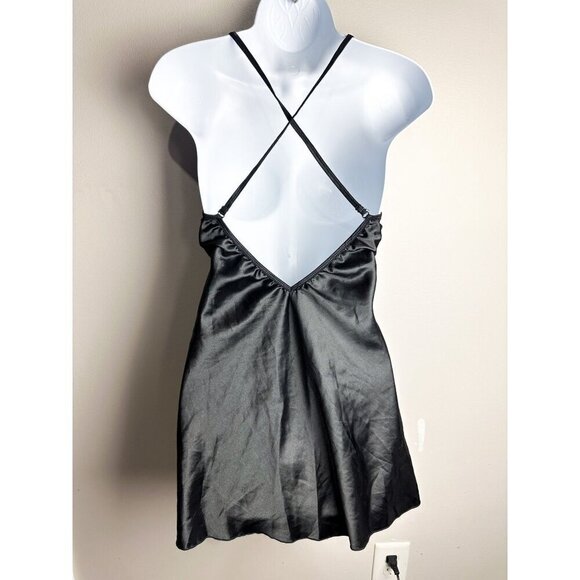Satin Lace V Neck Sheer Lingerie Slip Dress Black Womens Medium - Picture 4 of 7